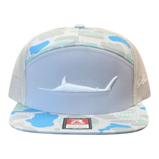 Saltwater Duck Camo Richardson Seven Panel Puff Embroider Marlin Hat
